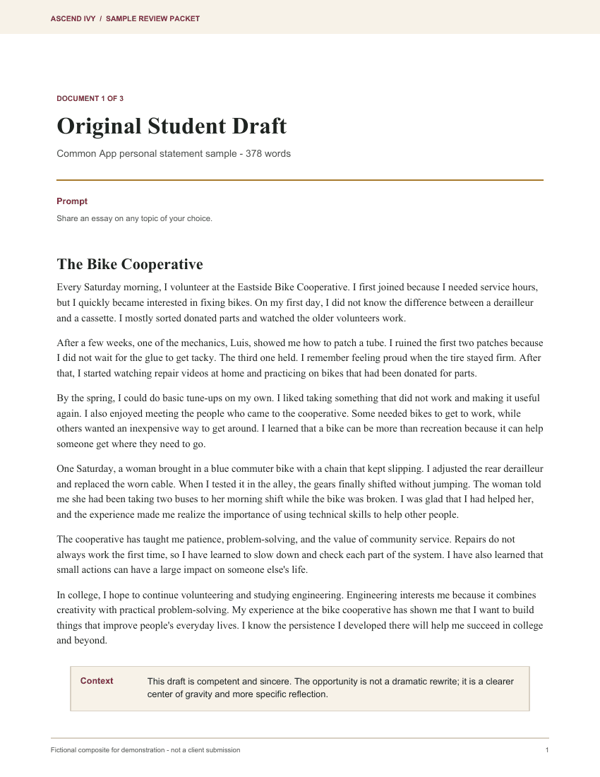 First page of the fictional sample student's original Common App essay draft
