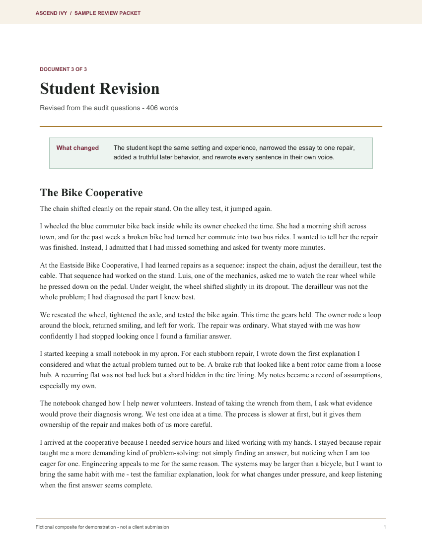 First page of the fictional student's revised Common App essay